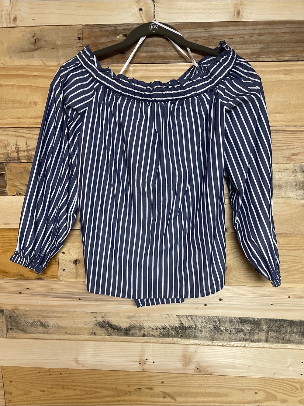 J.Crew size 4 Blue With White Stripes Off-Shoulder 3/4 Sleeve Lightweight Blouse